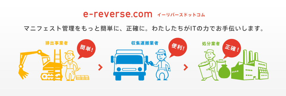e-reverse.com(イーリバースドットコム)　産廃管理業務をもっと簡単に、正確に、わたしたちがITの力でお手伝いします。